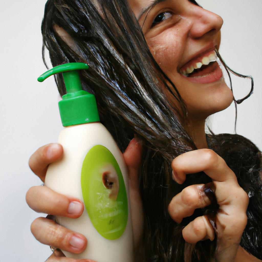 Person using traditional shampoo, smiling