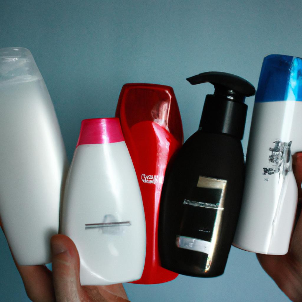 Person holding different shampoo bottles
